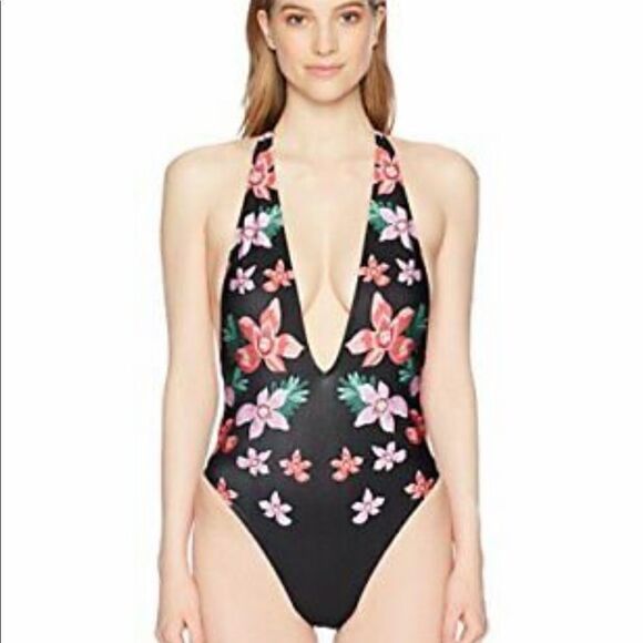 Bikini Lab Love On Trop Plunge Front Tropical Floral One Piece Black swimsuit - Picture 5 of 12